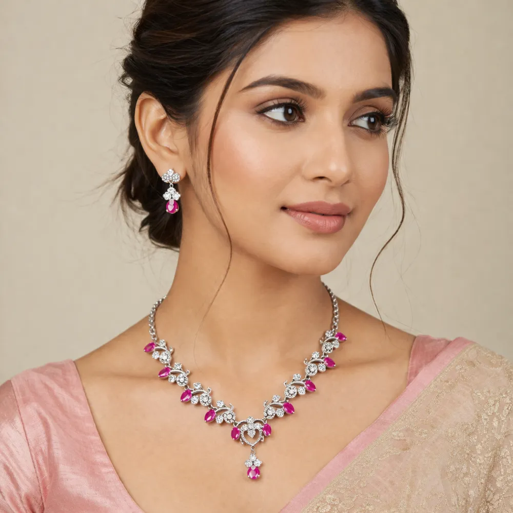 Silver Plated Floral Necklace Set with Pink Stones & CZ Crystal Earrings for Women