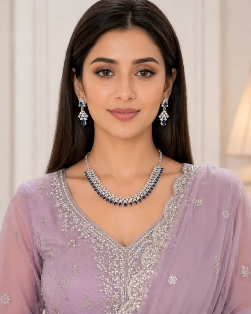 Silver Plated Blue Stone CZ Necklace Set with Matching Earrings for Women