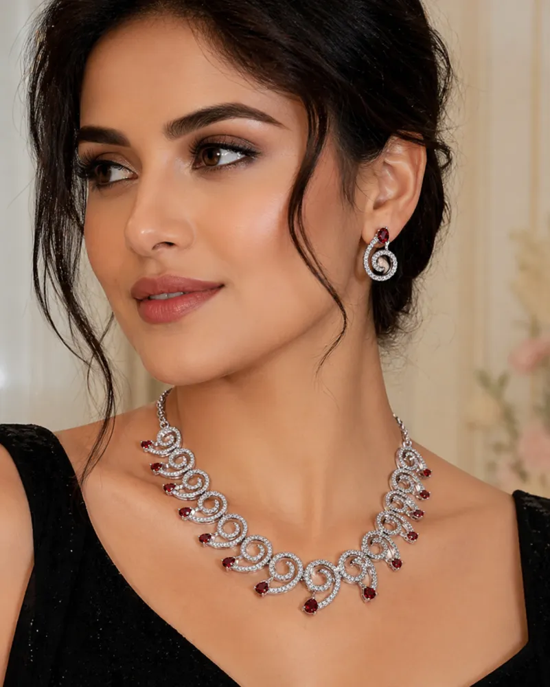 Silver Plated Red Stone Spiral CZ Necklace Set with Matching Earrings for Women