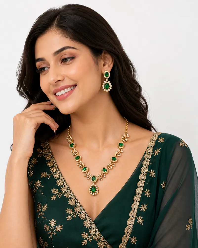 Gold Plated Green Stone Floral Necklace Set with Matching Earrings for Women