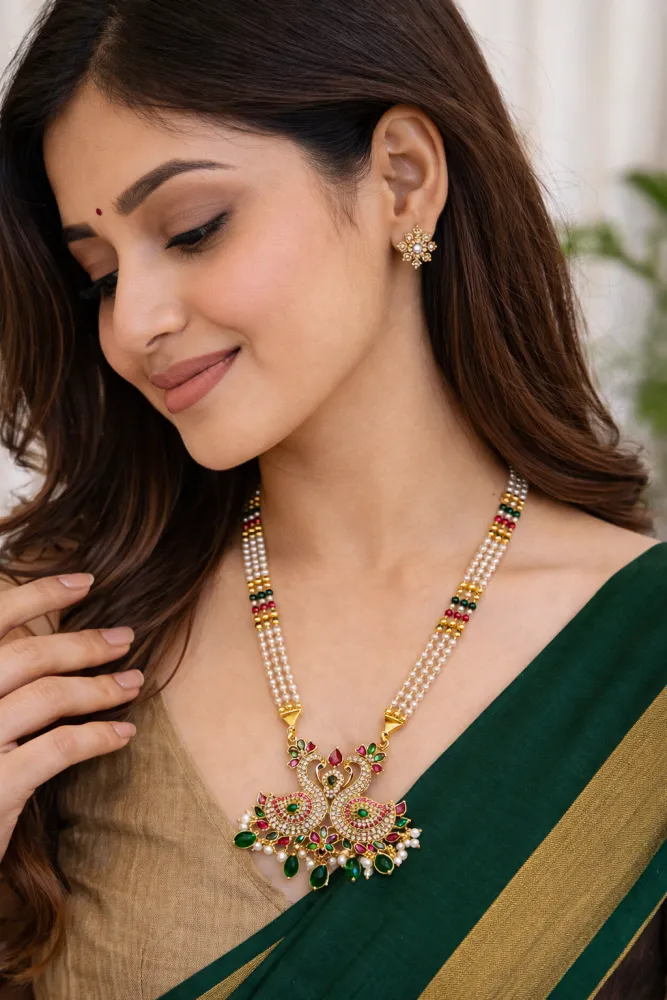 Gold Plated Peacock Pendant Pearl Necklace for Women with Green & Pink Stones