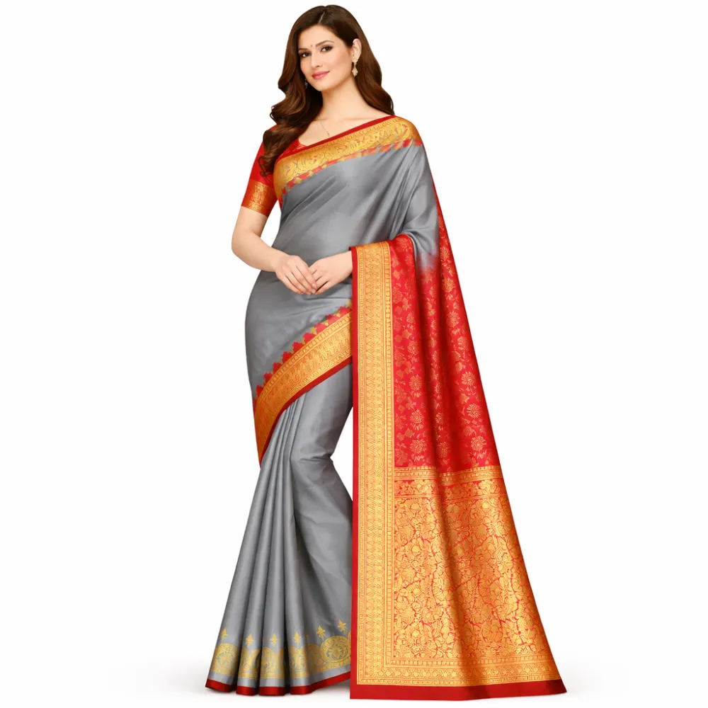 Grey Banarasi Silk Saree with Red Border & Rich Gold Zari Pallu | Traditional Wedding Saree