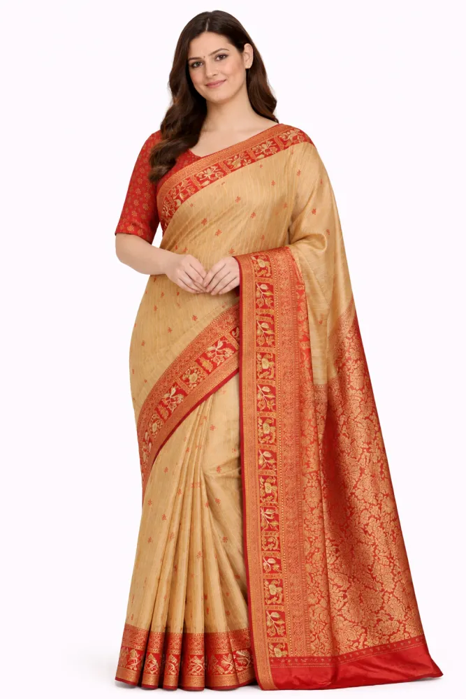 Cream Banarasi Silk Saree with Red Border & Rich Gold Zari Pallu | Traditional Wedding Saree