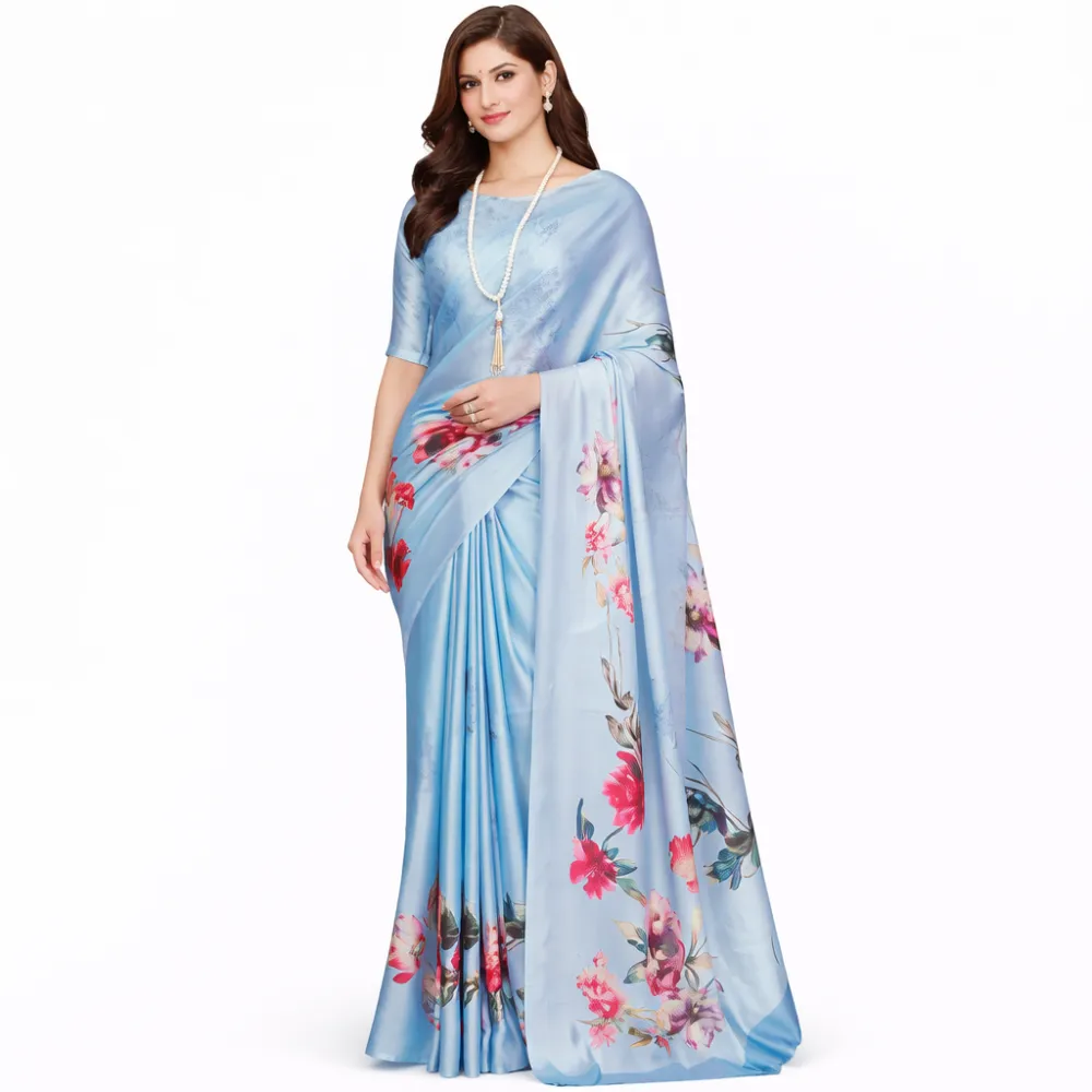 Sky Blue Floral Satin Silk Saree | Soft Satin Printed Party Wear Saree for Women