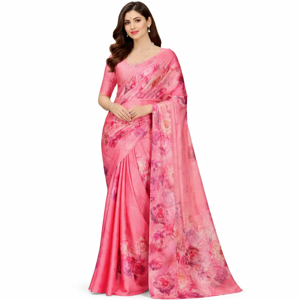 Pink Floral Satin Silk Saree | Soft Satin Digital Print Party Wear Saree for Women