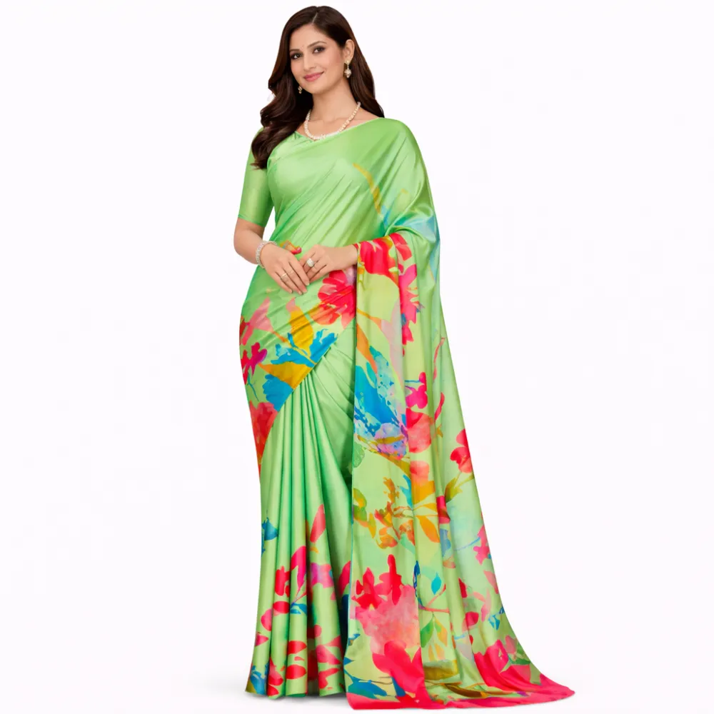Light Green Floral Satin Silk Saree | Soft Satin Digital Print Party Wear Saree for Women