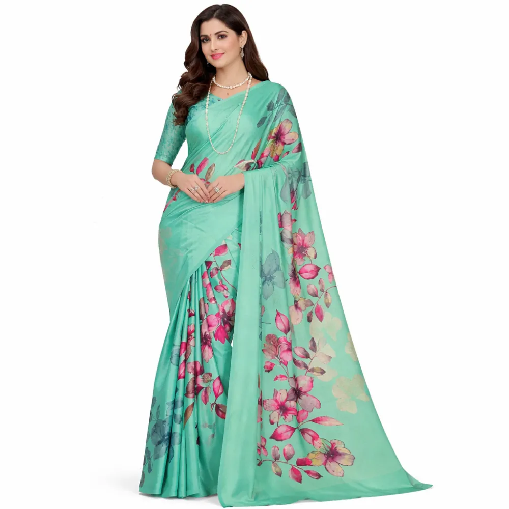 Mint Green Floral Satin Silk Saree | Soft Satin Digital Print Party Wear Saree for Women
