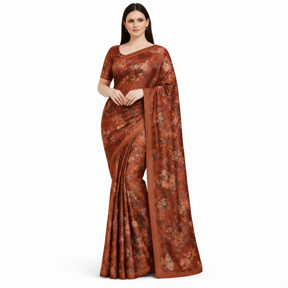 Brown Floral Chiffon Saree | Elegant Printed Chiffon Party Wear Saree for Women