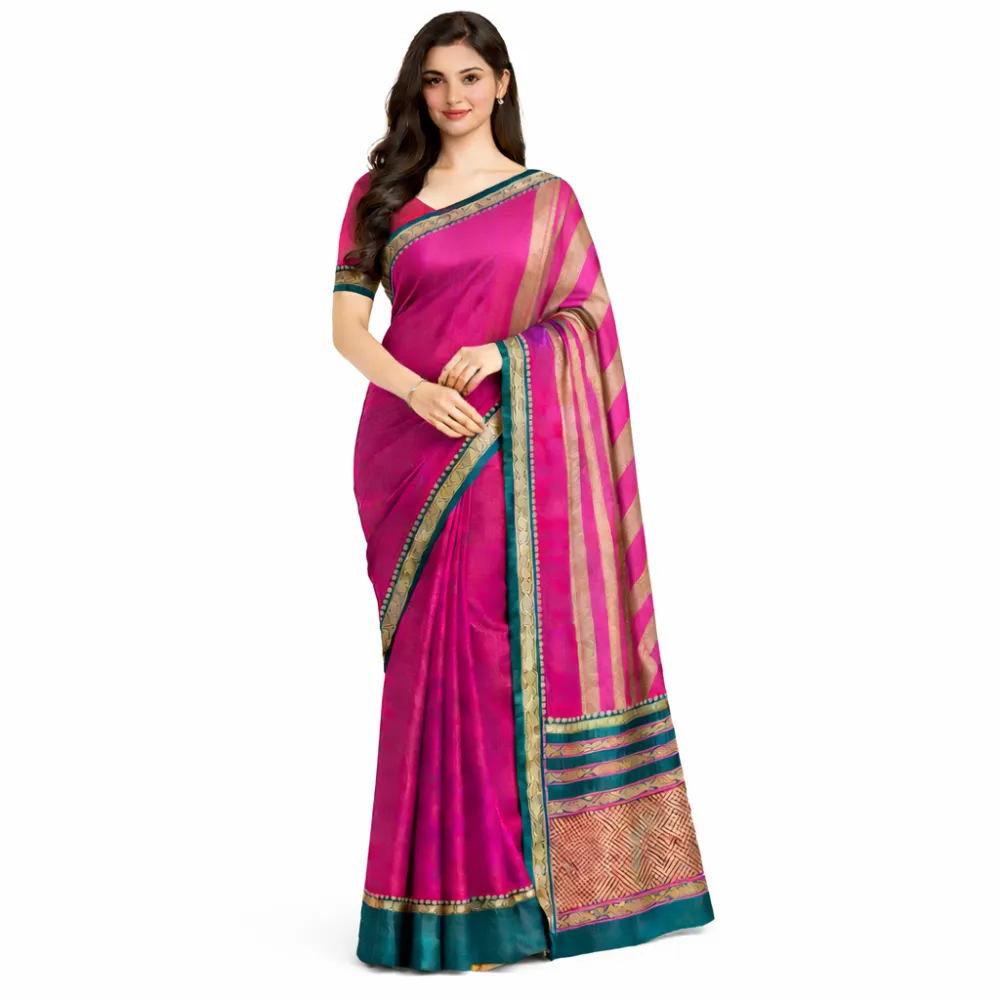 Narayanpet Pure Handloom Masraj Cotton Saree – Pink with Teal & Gold Traditional Border