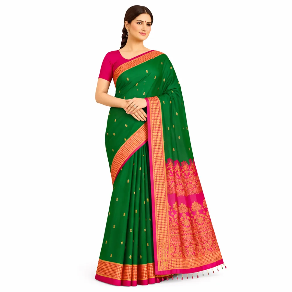Narayanpet Pure Handloom Masraj Cotton Saree – Green with Pink & Gold Traditional Border