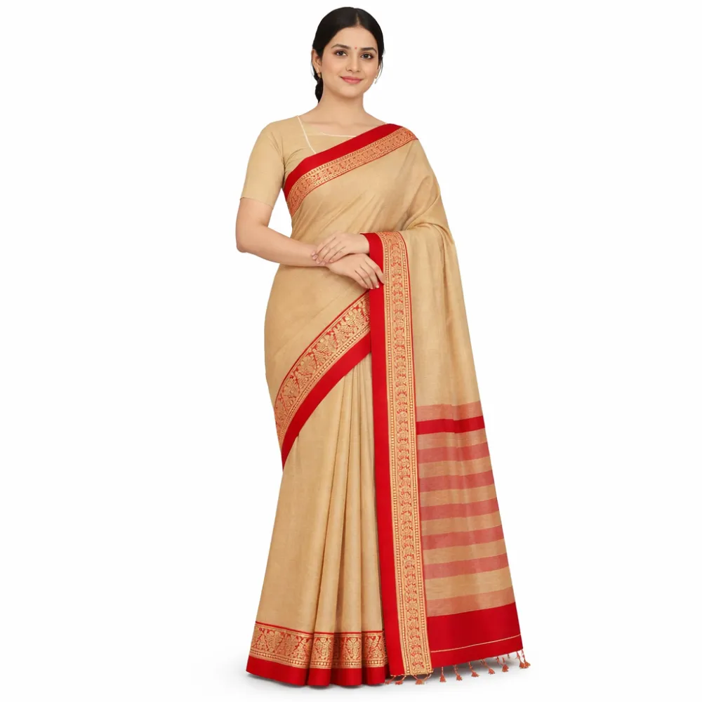 Narayanpet Pure Handloom Masraj Cotton Saree – Beige with Red & Gold Traditional Border
