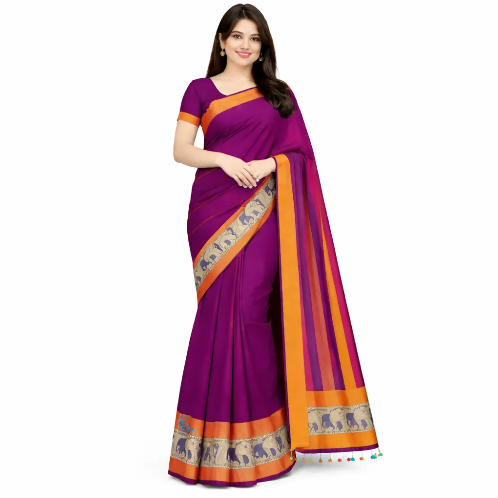 Narayanpet Pure Handloom Masraj Cotton Saree – Purple with Orange Elephant Zari Border