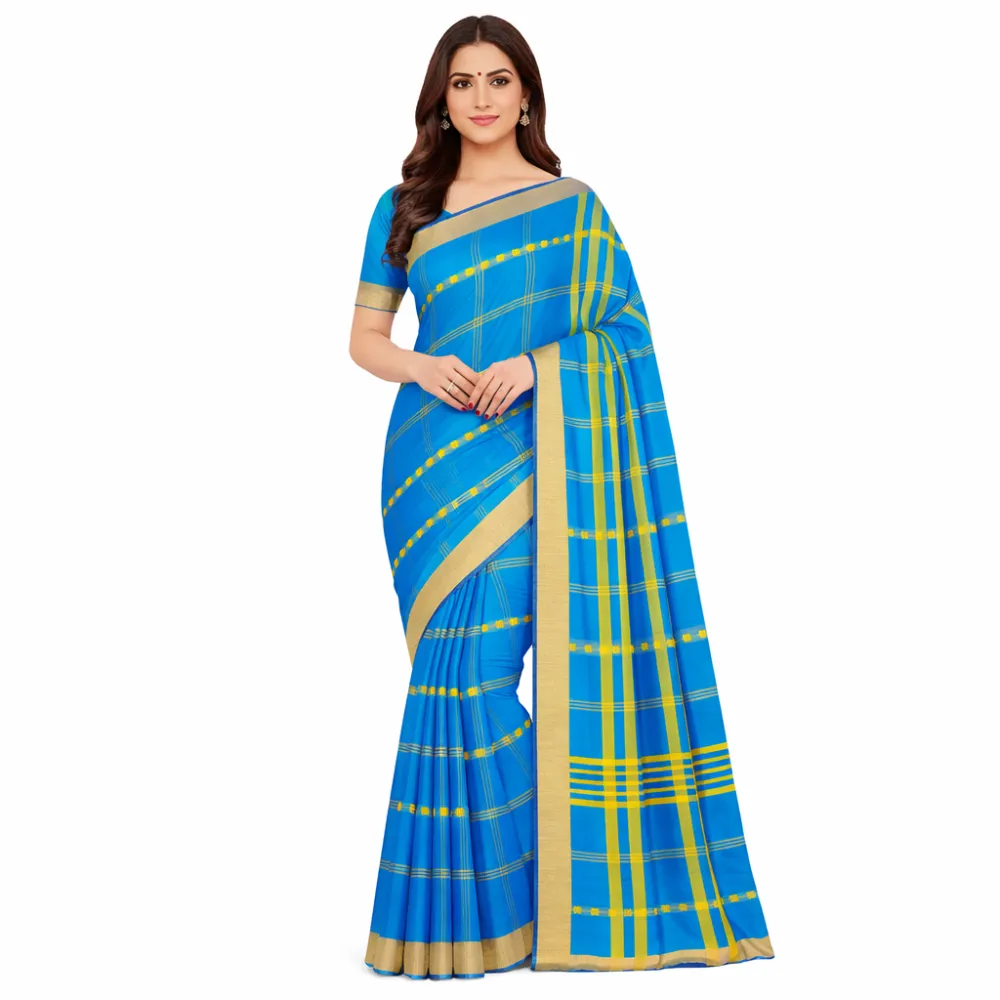 Narayanpet Pure Handloom Masraj Cotton Saree – Royal Blue with Gold & Yellow Checked Border