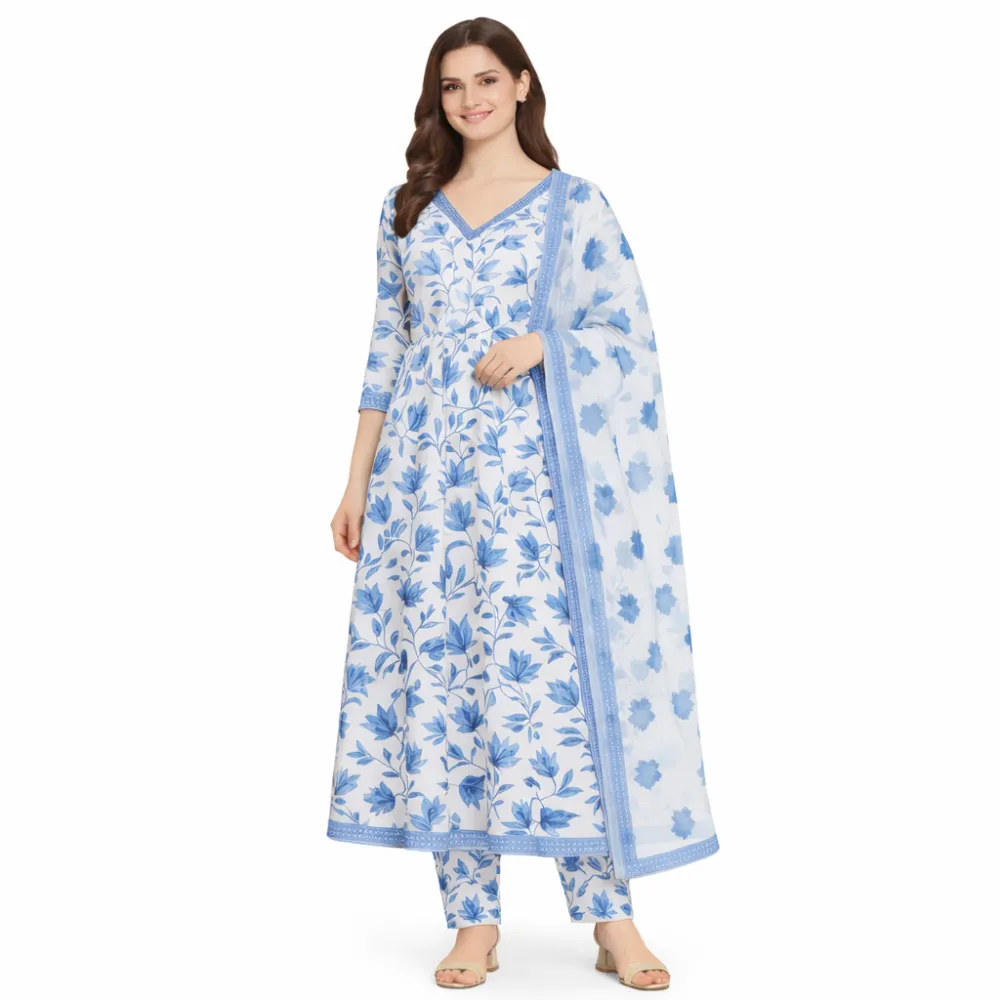 Women's White & Sky Blue Floral Printed Cotton Blend Kurta Pant Dupatta Set