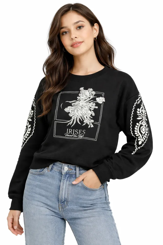 Women's Black Floral Graphic Printed Fleece Sweatshirt