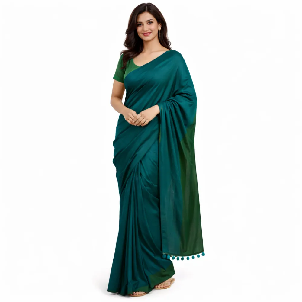 Women's Dark Green Khadi Cotton Plain Saree with Tassel Pallu