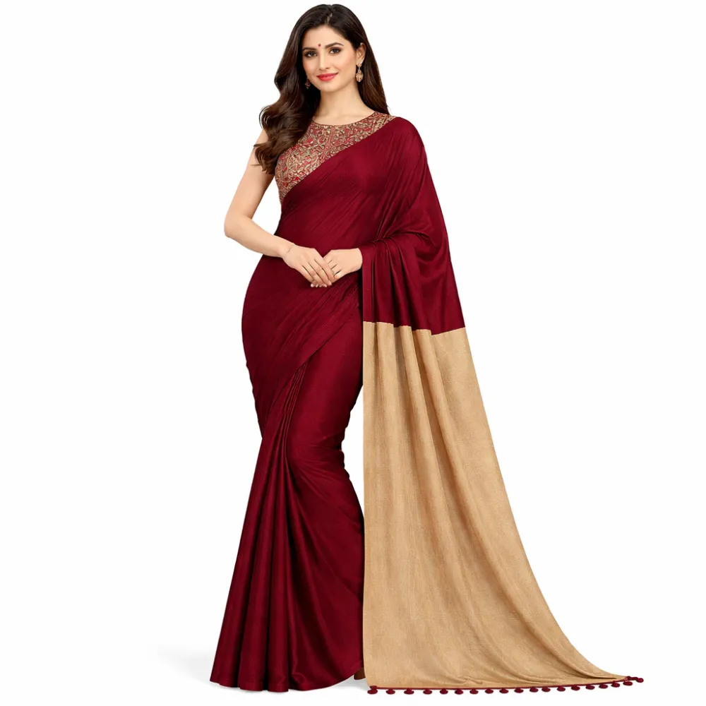 Women's Maroon & Beige Khadi Cotton Plain Saree with Contrast Pallu