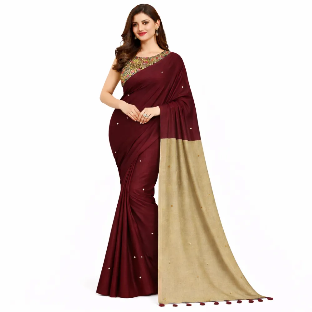 Women's Maroon Khadi Cotton Mirror Work Saree with Beige Contrast Pallu