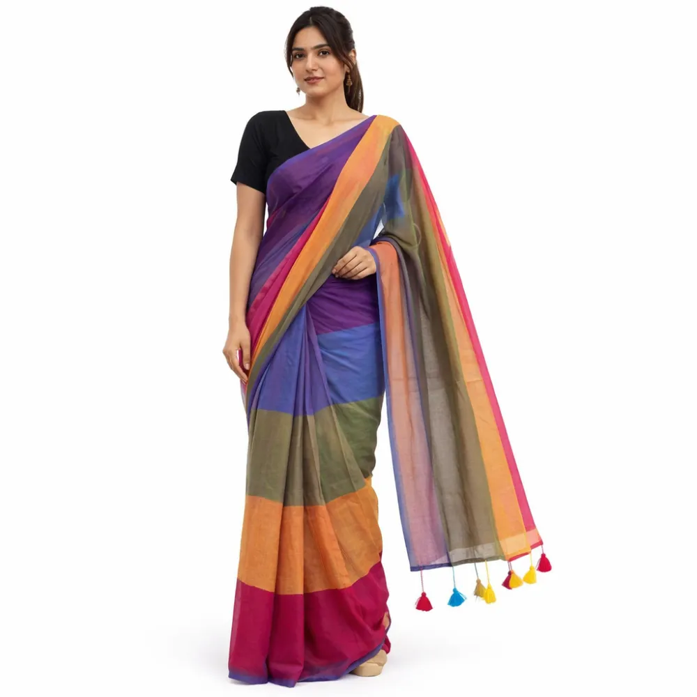 Women's Multicolor Mulmul Cotton Striped Saree with Tassel Pallu