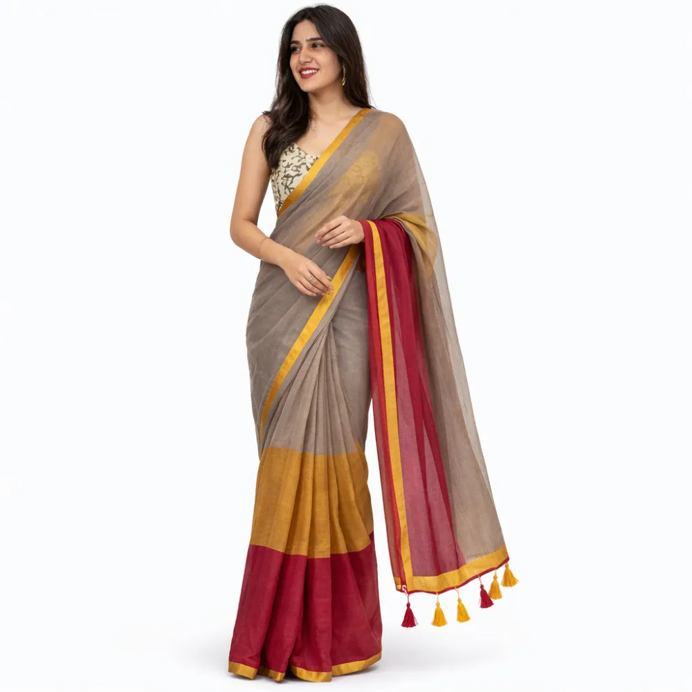 Women's Mulmul Cotton Saree with Contrast Border & Tassel Pallu