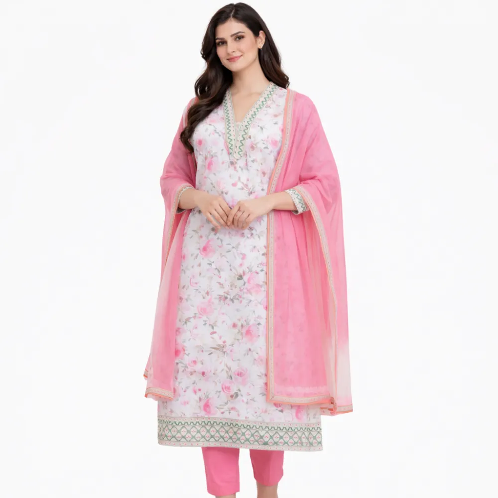 Women's Pink Floral Cotton Kurta Pant Dupatta Set | 3 Piece Ethnic Suit