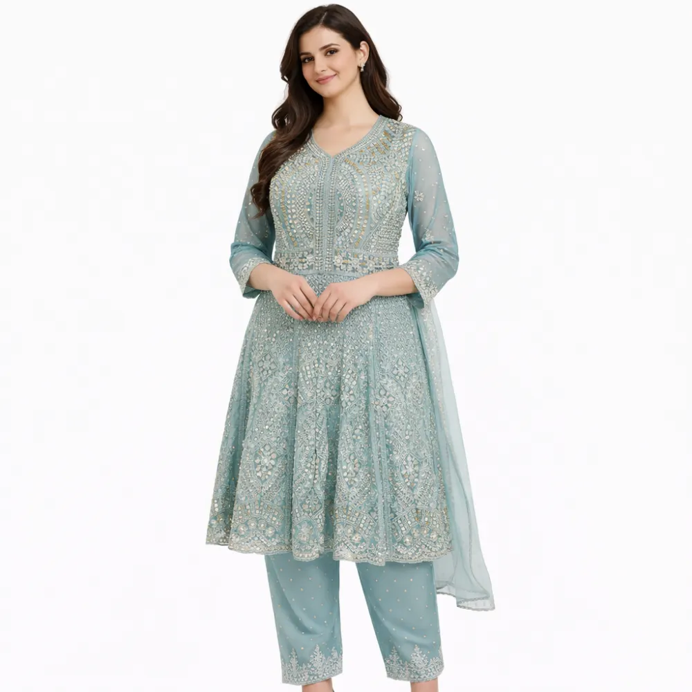 Women's Sky Blue Embroidered Anarkali Kurta Pant Dupatta Set | 3 Piece Ethnic Suit