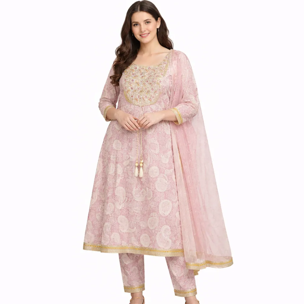 Women's Baby Pink Embroidered Anarkali Kurta Set with Dupatta | Designer Festive Wear Suit