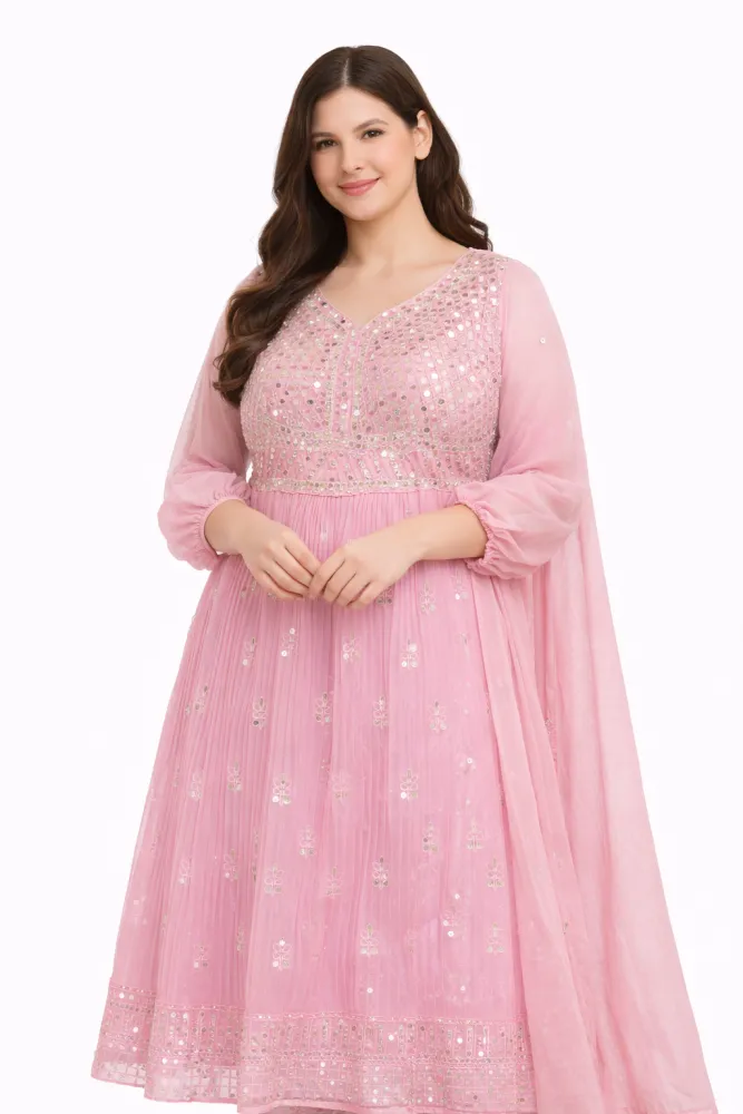 Women's Baby Pink Mirror Work Anarkali Kurta Set with Dupatta | Designer Party Wear Suit