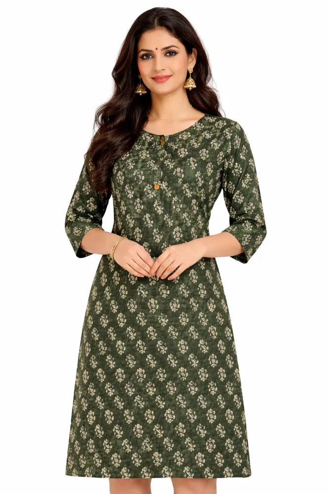 Women's Olive Green Printed Cotton Short Kurti | Above Knee Length | Casual Everyday Wear