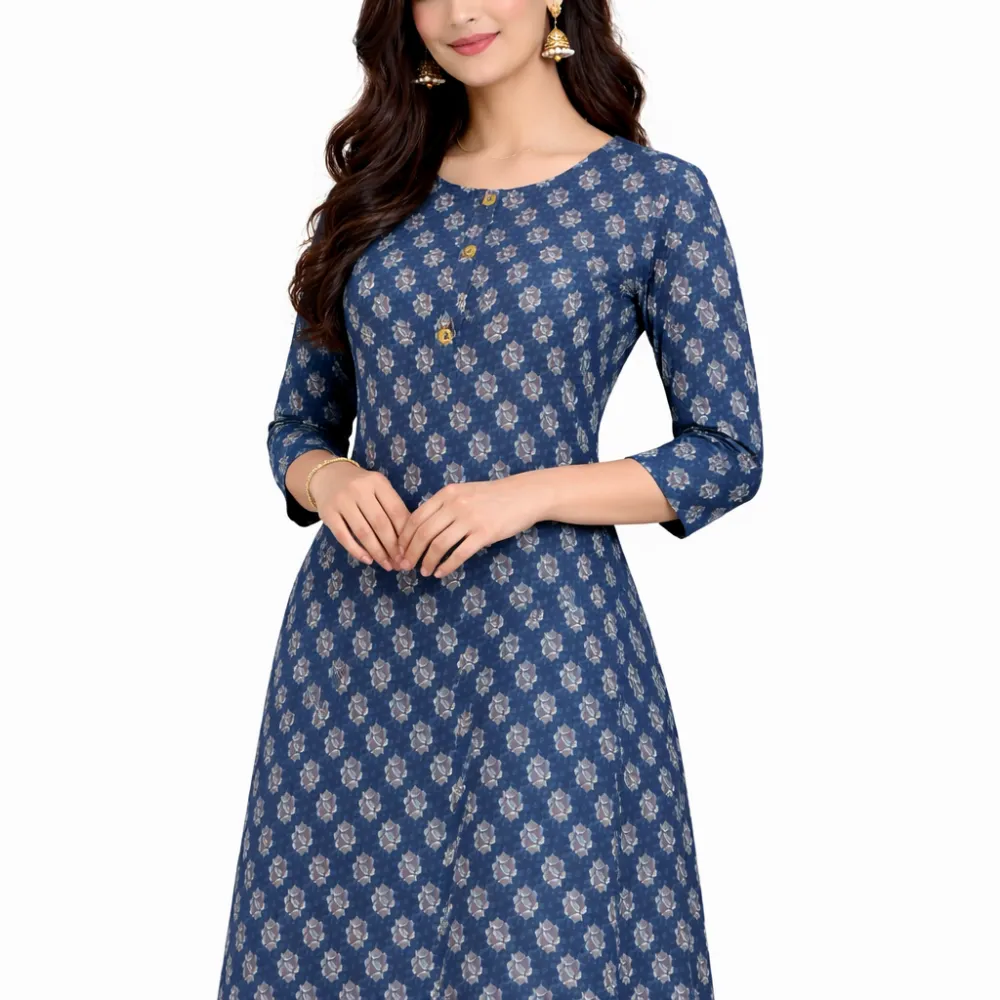 Women's Blue Printed Cotton Short Kurti | Above Knee Length | Casual Everyday Wear