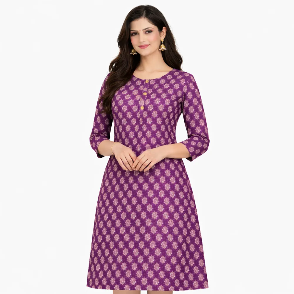 Women's Purple Printed Cotton Short Kurti | Above Knee Length | Casual Everyday Wear