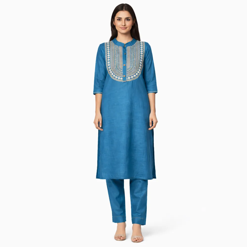 Women's Blue Embroidered Cotton Blend 3-Piece Kurta Set with Pants & Lace Dupatta | Ethnic Wear