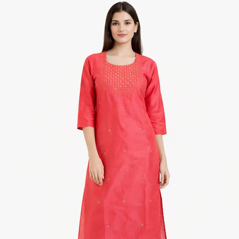 Women's Coral Pink Embroidered Straight Kurta | 3/4 Sleeves | Ethnic Cotton Blend Kurti