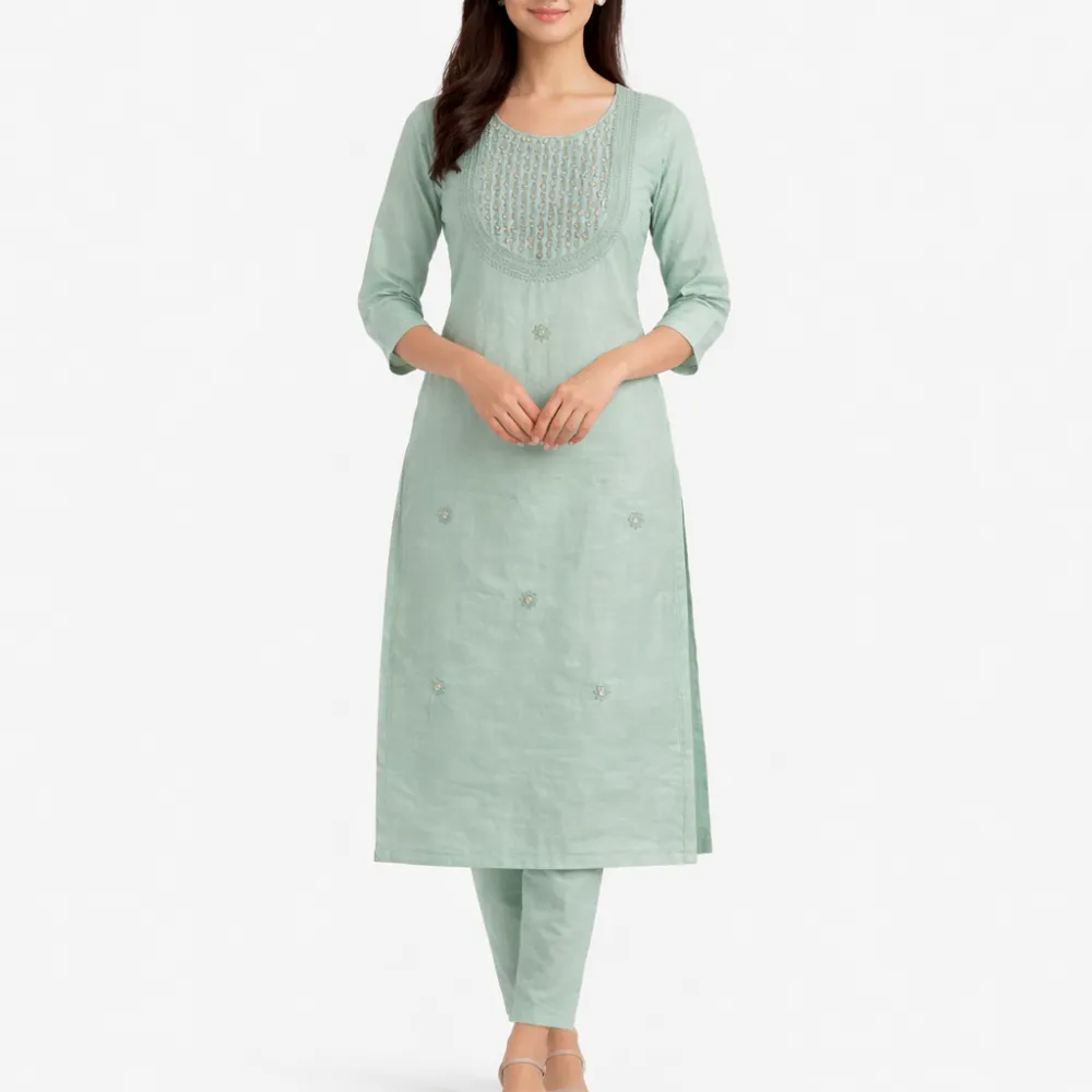 Women's Mint Green Embroidered Straight Kurta | 3/4 Sleeves | Cotton Blend Ethnic Kurti