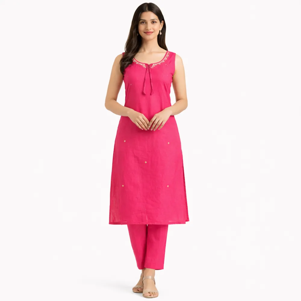 Women's Rani Pink Straight Kurta | Cotton Blend Ethnic Kurti with Tie-Up Neck 