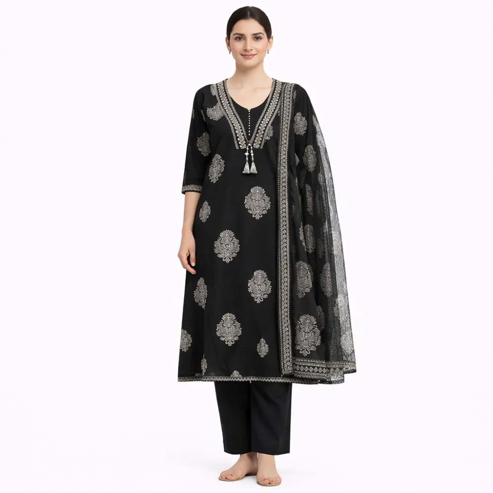 Women's Black Printed Kurta Pant & Dupatta Set | Embroidered Ethnic Suit Set
