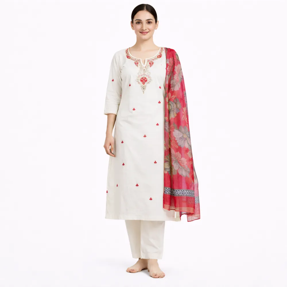 Elegant Off White Embroidered Kurta Pant Set with Floral Printed Dupatta for Women