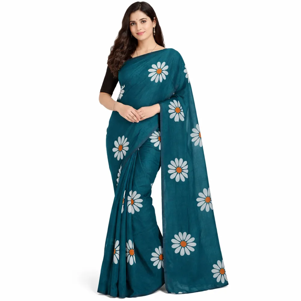 Women's Teal Blue Pure Khadi Cotton Saree with White Sunflower Floral Design
