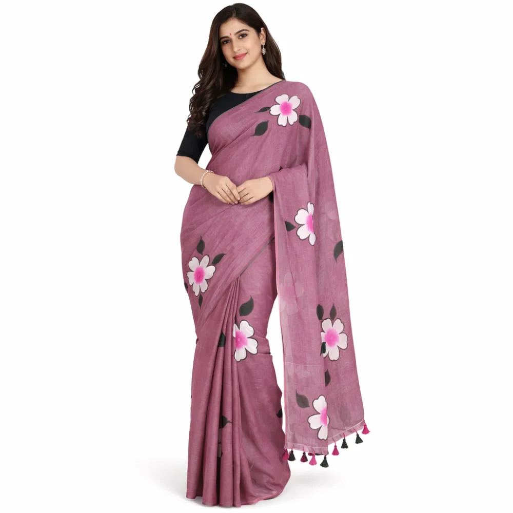 Pink Hand-Painted Mulmul Soft Cotton Saree with Running Blouse | Elegant Daily Wear Saree