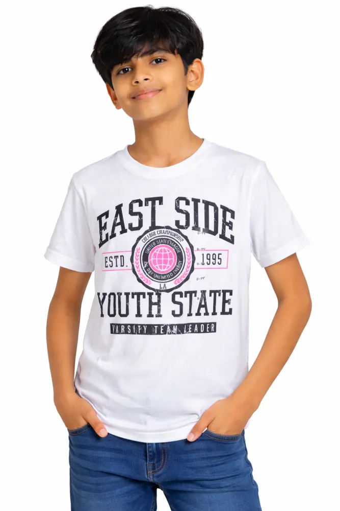 Kids White Cotton Graphic Print T-Shirt | Casual Round Neck Tee | Ages 9–16 Years