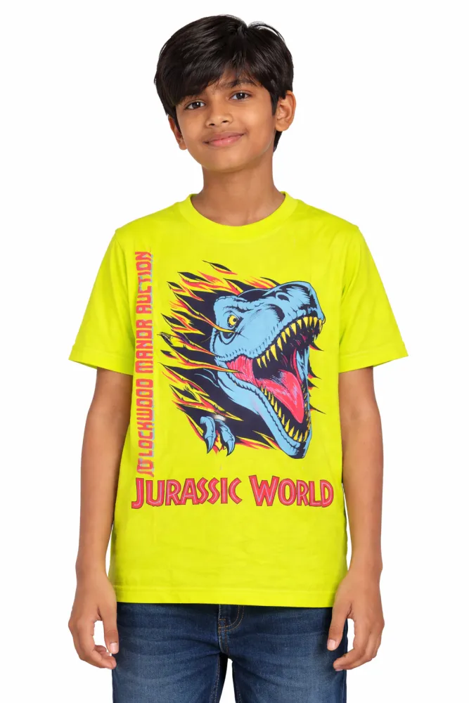 Kids Neon Yellow Dinosaur Graphic Print Cotton T-Shirt | Round Neck Casual Wear | Ages 4–14 Years