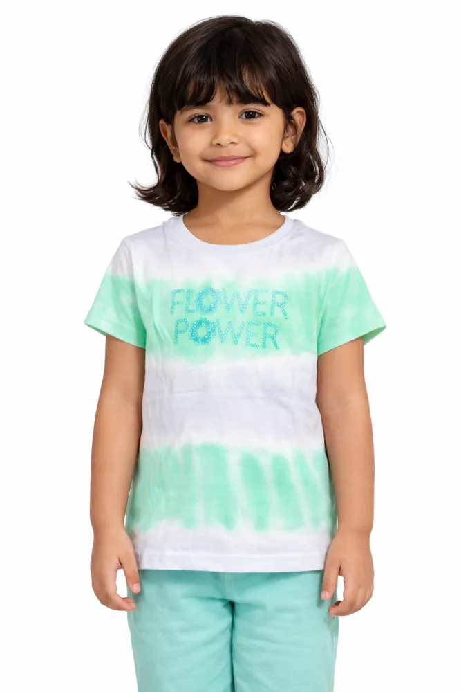Kids Mint Green Tie-Dye Cotton T-Shirt for Girls | Round Neck | Soft Casual Wear | Ages 2–7 Years