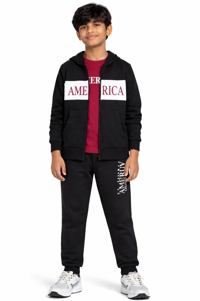 Kids 3-Piece Winter Wear Set for Boys | Hooded Zip Jacket, T-Shirt & Track Pants | Black | Ages 4–7 Years