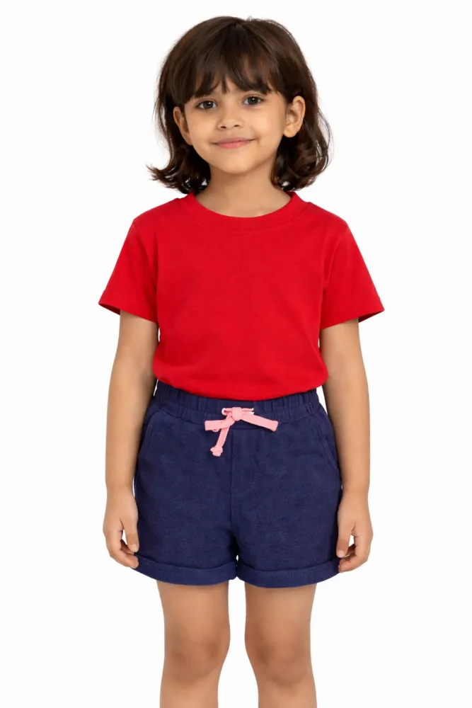 Girls Cotton Solid Nekkar Shorts with Elastic Waistband & Drawstring | Navy Blue | Ages 6–10 Years