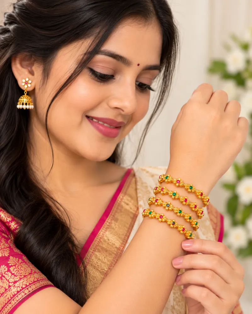Traditional Gold-Plated Floral Stone Bangles for Women | Pink & Green Stone Design | Set of 4 | Size 2.8