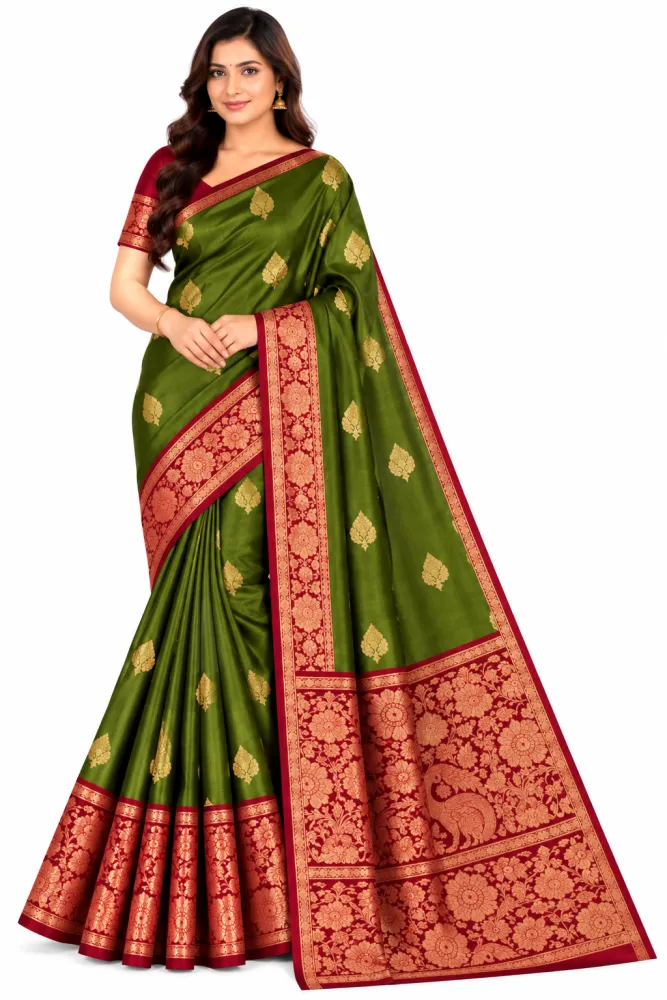 Olive Green Kanchi Pattu Saree with Gold Zari Buti