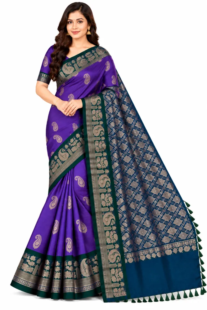 Purple Soft Silk Saree with Teal Zari Border & Pallu