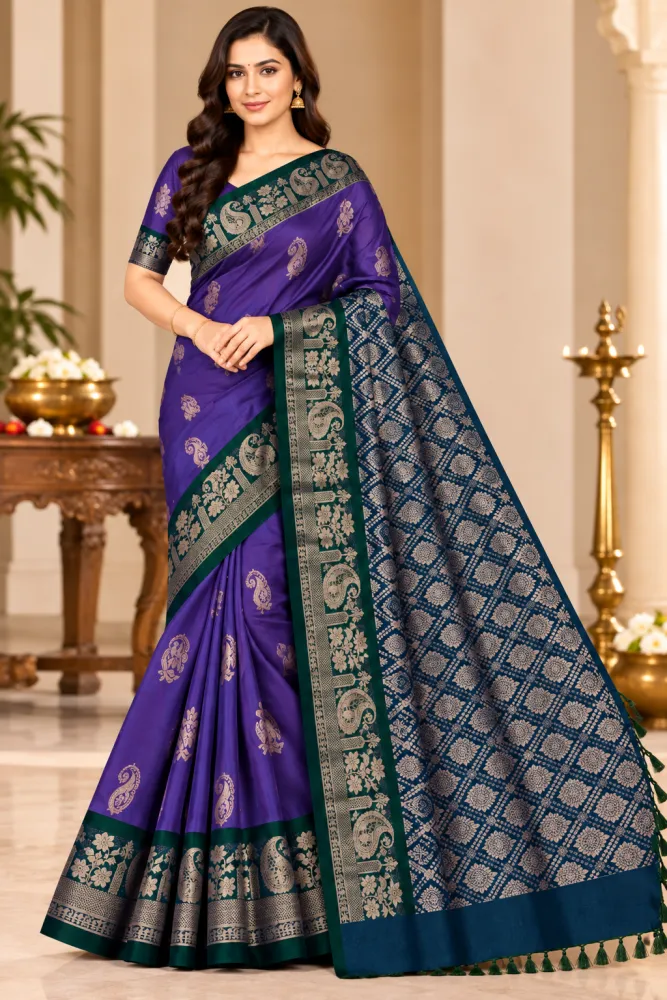 Purple Soft Silk Saree with Teal Zari Border & Pallu