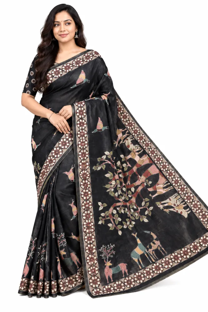Black Chanderi Linen Saree with Woven Border & Designer Print