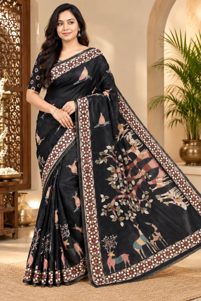 Black Chanderi Linen Saree with Woven Border & Designer Print
